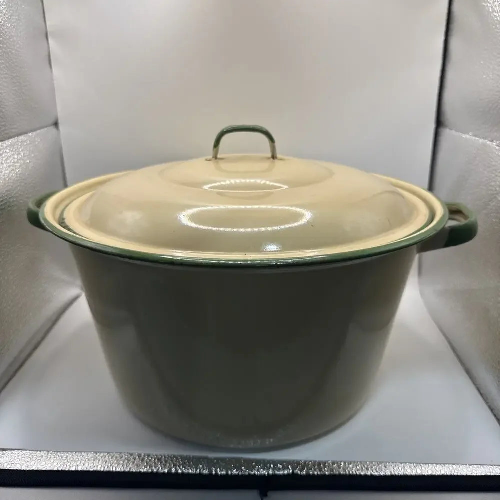 Vintage Cream And Green Enamel Cast-Iron Dutch Oven With Lid